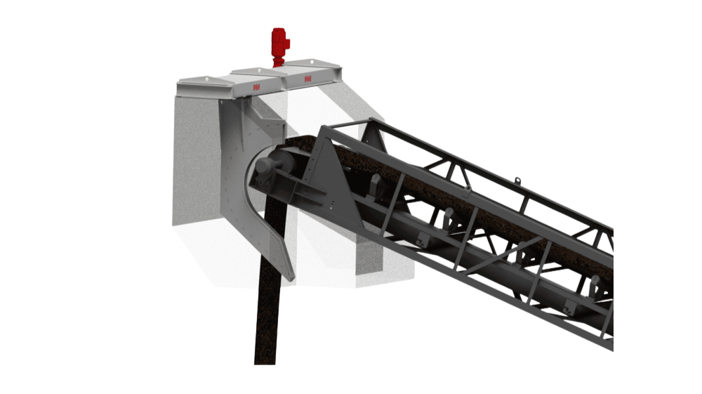Rendering of a Cross Stream Cutter (CSC) mounted at the end of an inclined conveyor, sweeping through the free‑falling bulk‑material stream to take a sample