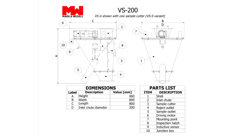 2D technical drawing of the Vezin Sampler VS-200, illustrating design and component layout for vertical material sampling.