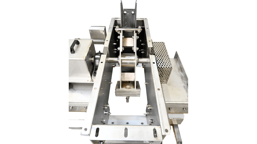 Cross-Belt Sampler (CBS) machine extracting material sample from conveyor belt in an industrial setting