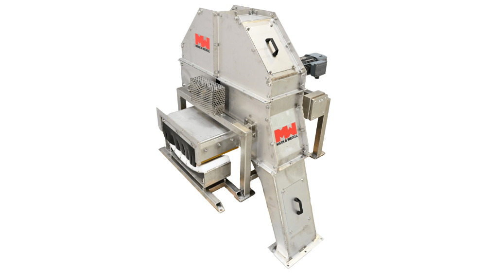 Cross-Belt Sampler (CBS) machine extracting material sample from conveyor belt in an industrial setting