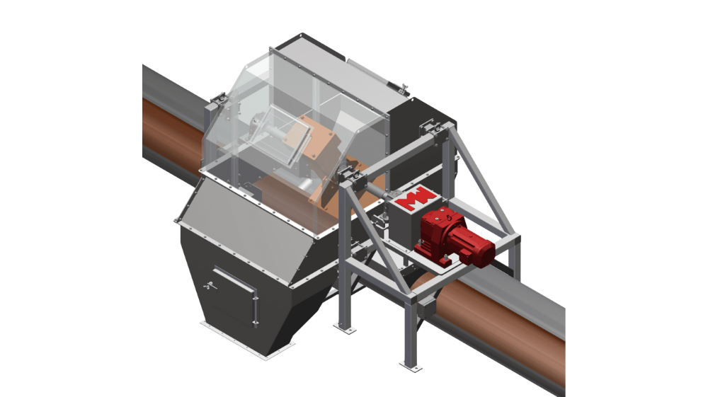 Cross-Belt Sampler (CBS) machine extracting material sample from conveyor belt in an industrial setting