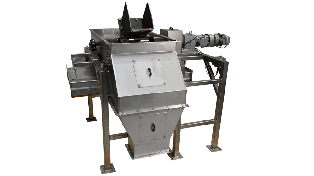 Cross-Belt Sampler (CBS) machine extracting material sample from conveyor belt in an industrial setting