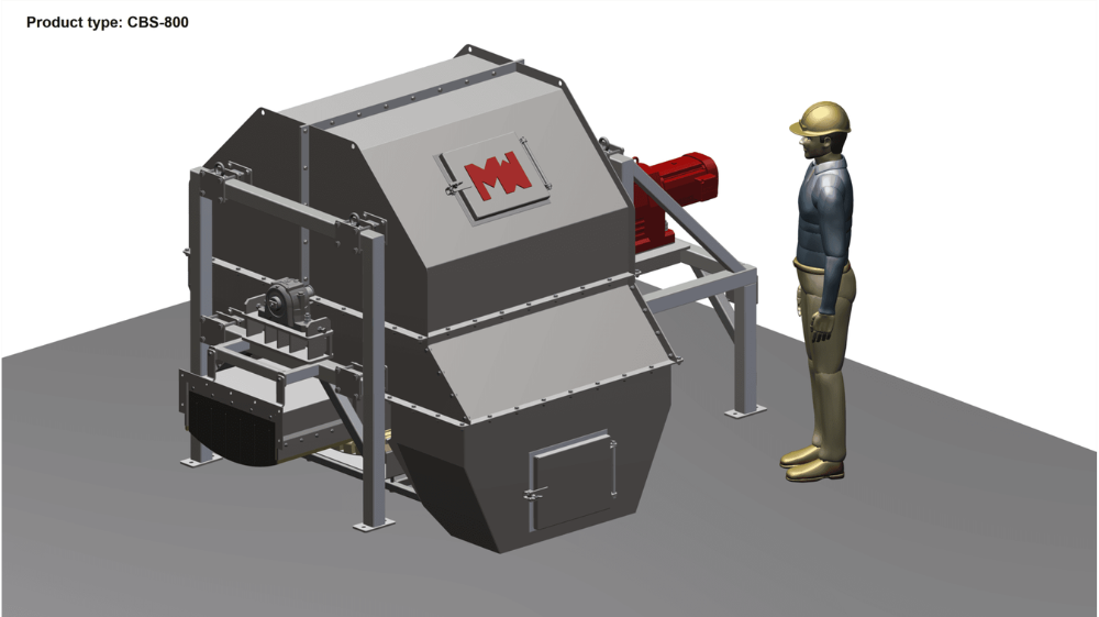 Cross-Belt Sampler (CBS) machine extracting material sample from conveyor belt in an industrial setting