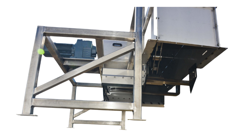 Cross-Belt Sampler (CBS) machine extracting material sample from conveyor belt in an industrial setting