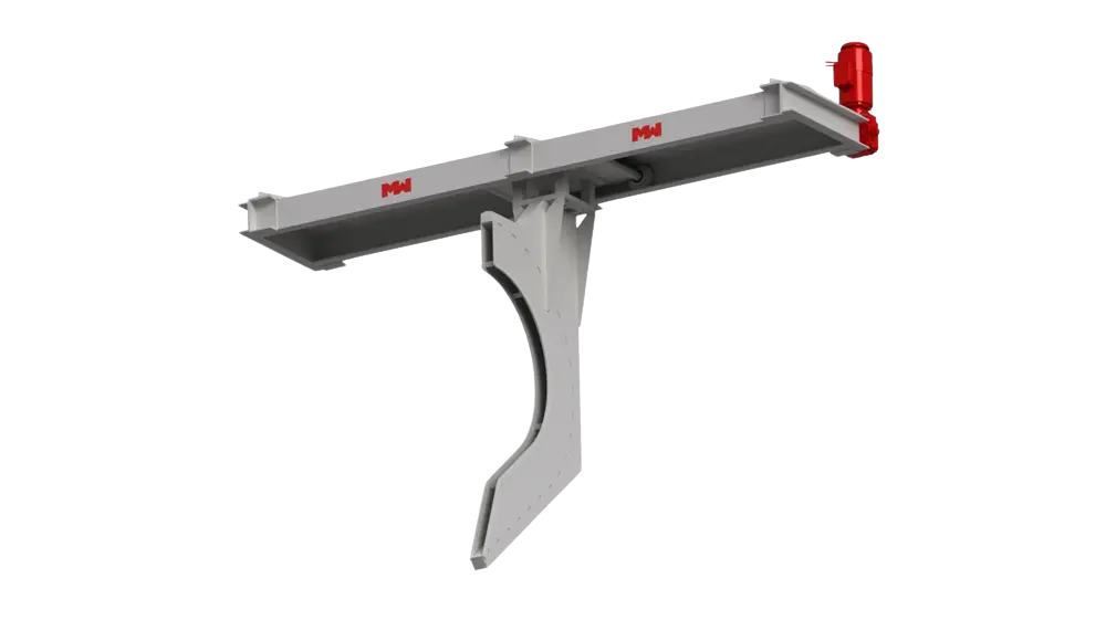 Cross Stream Cutter (CSC) with a curved sampling blade mounted under a horizontal support beam, designed to collect a full cross-section of free-falling bulk material from a chute.