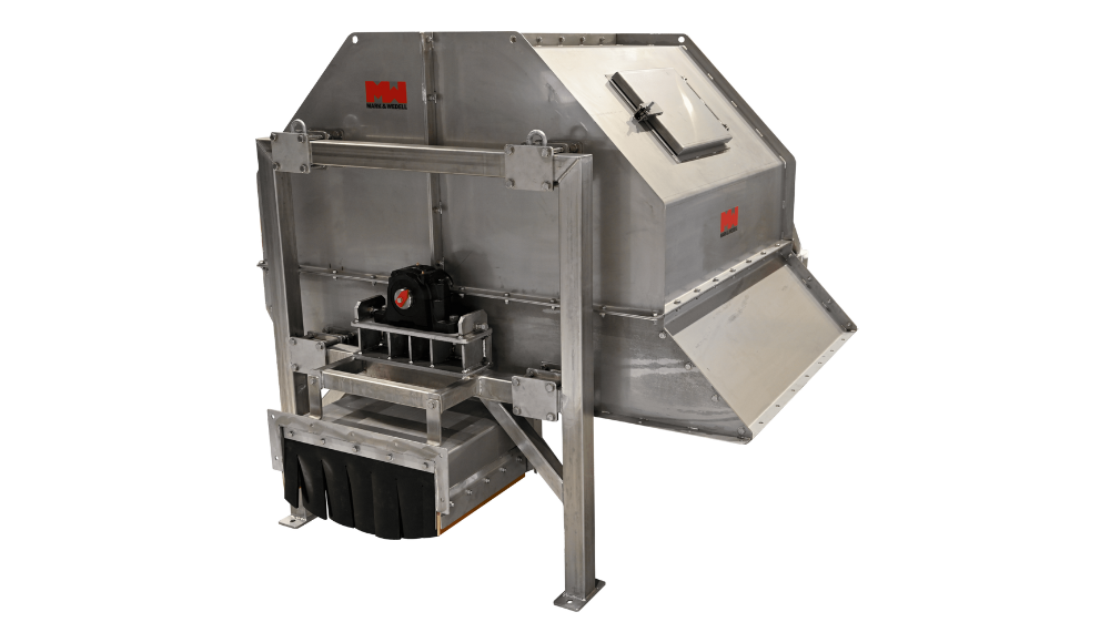 Cross-Belt Sampler (CBS) machine extracting material sample from conveyor belt in an industrial setting