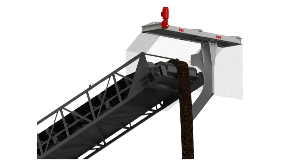 Rendering of a Cross Stream Cutter (CSC) mounted at the end of an inclined conveyor, sweeping through the free‑falling bulk‑material stream to take a sample