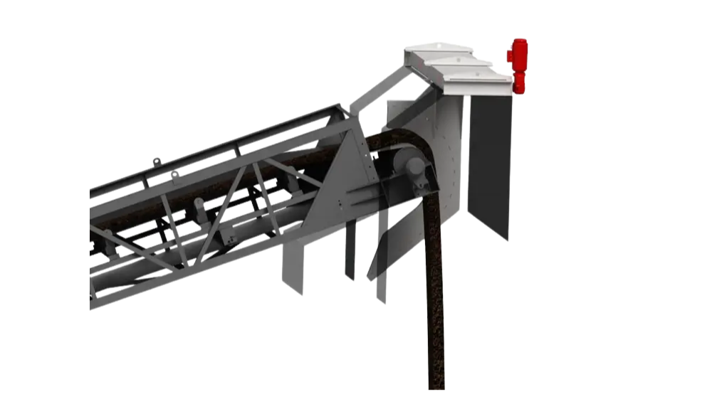 Rendering of a Cross Stream Cutter (CSC) mounted at the end of an inclined conveyor, sweeping through the free‑falling bulk‑material stream to take a sample