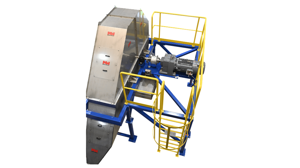 Cross-Belt Sampler (CBS) machine extracting material sample from conveyor belt in an industrial setting
