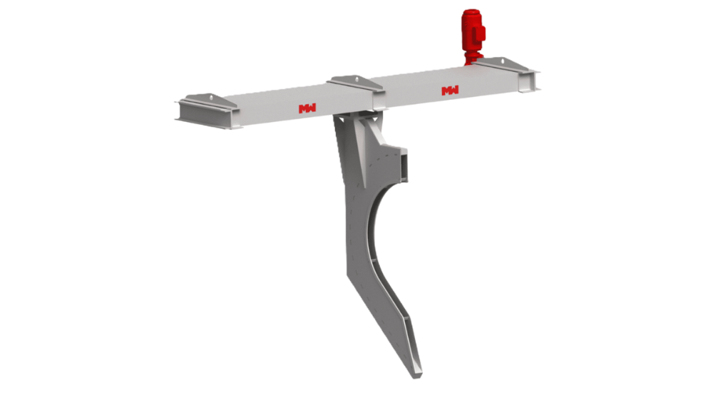 Cross Stream Cutter (CSC) with a curved sampling blade mounted under a horizontal support beam, designed to collect a full cross-section of free-falling bulk material from a chute